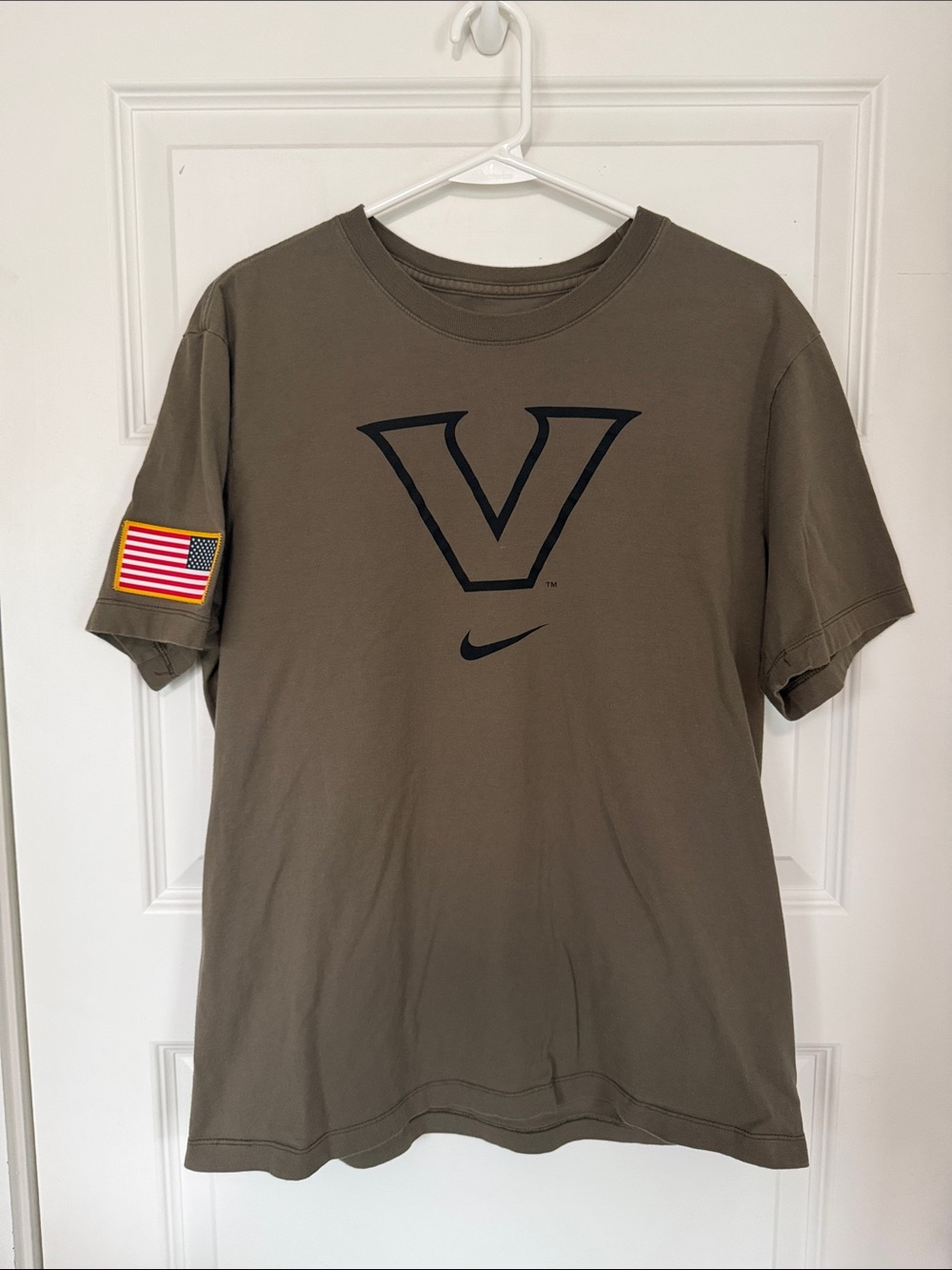 Nike Olive Green Short-Sleeve T-Shirt with Black Vanderbilt American Flag Patch